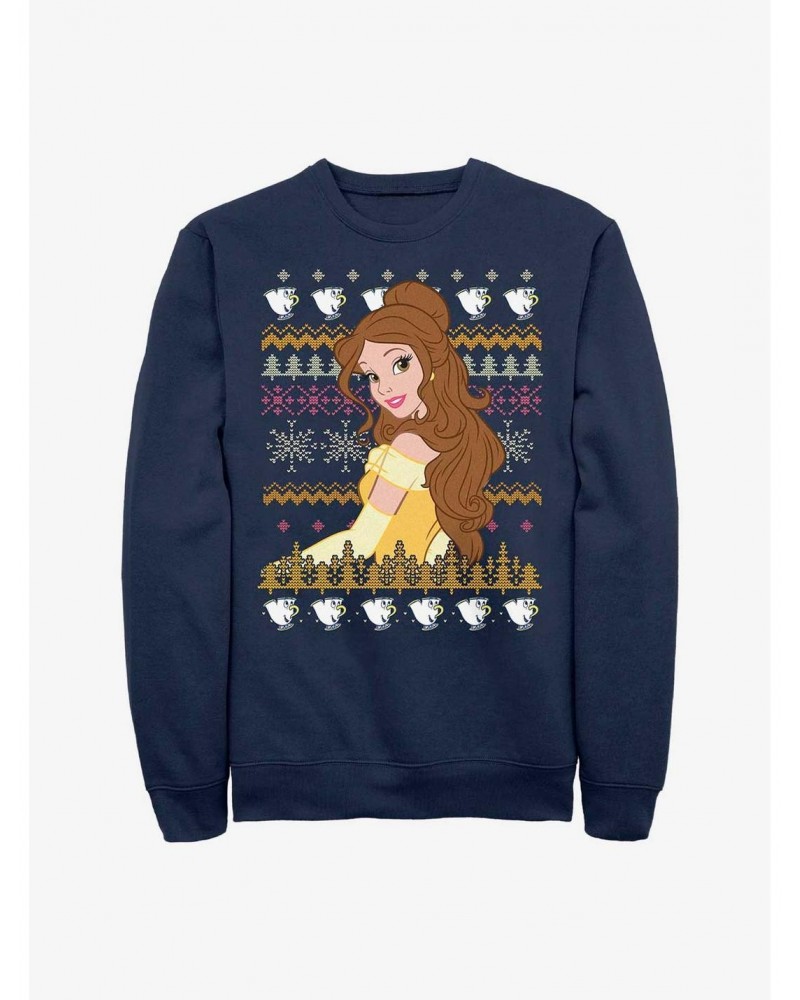 Disney Princess Belle Teacups Ugly Holiday Crew Sweatshirt $12.92 Sweatshirts